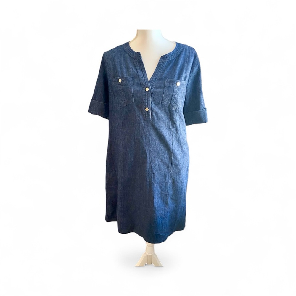 Anne Klein AK Denim Chambray Tunic Dress Roll-Tab Sleeves Gold-Tone Buttons